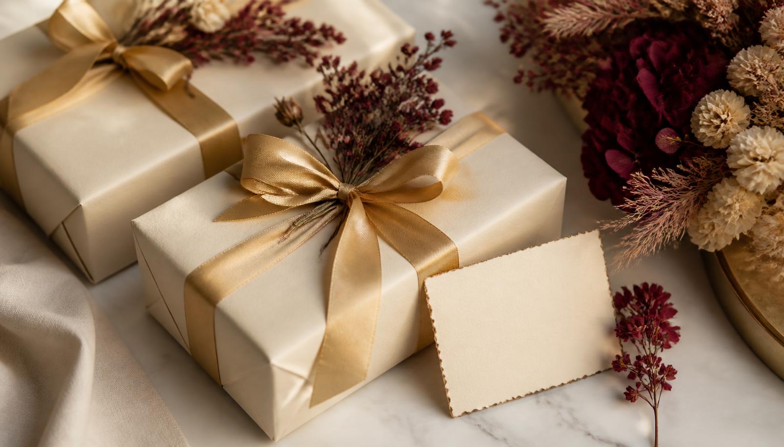 In cremefarbenes Papier gehüllte Geschenke mit Goldband, Trockenblumen und leerer Grußkarte auf Marmor – KI-generiertes Symbolbild