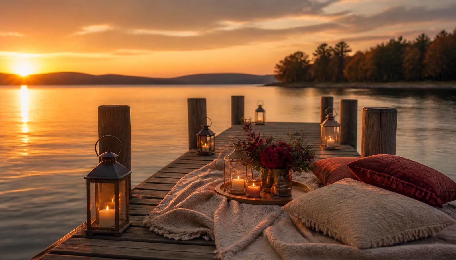 Mit Laternen, Decke und Blumen dekorierter Holzsteg an einem See im Sonnenuntergang als Idee für einen Heiratsantrag – KI-generiertes Symbolbild