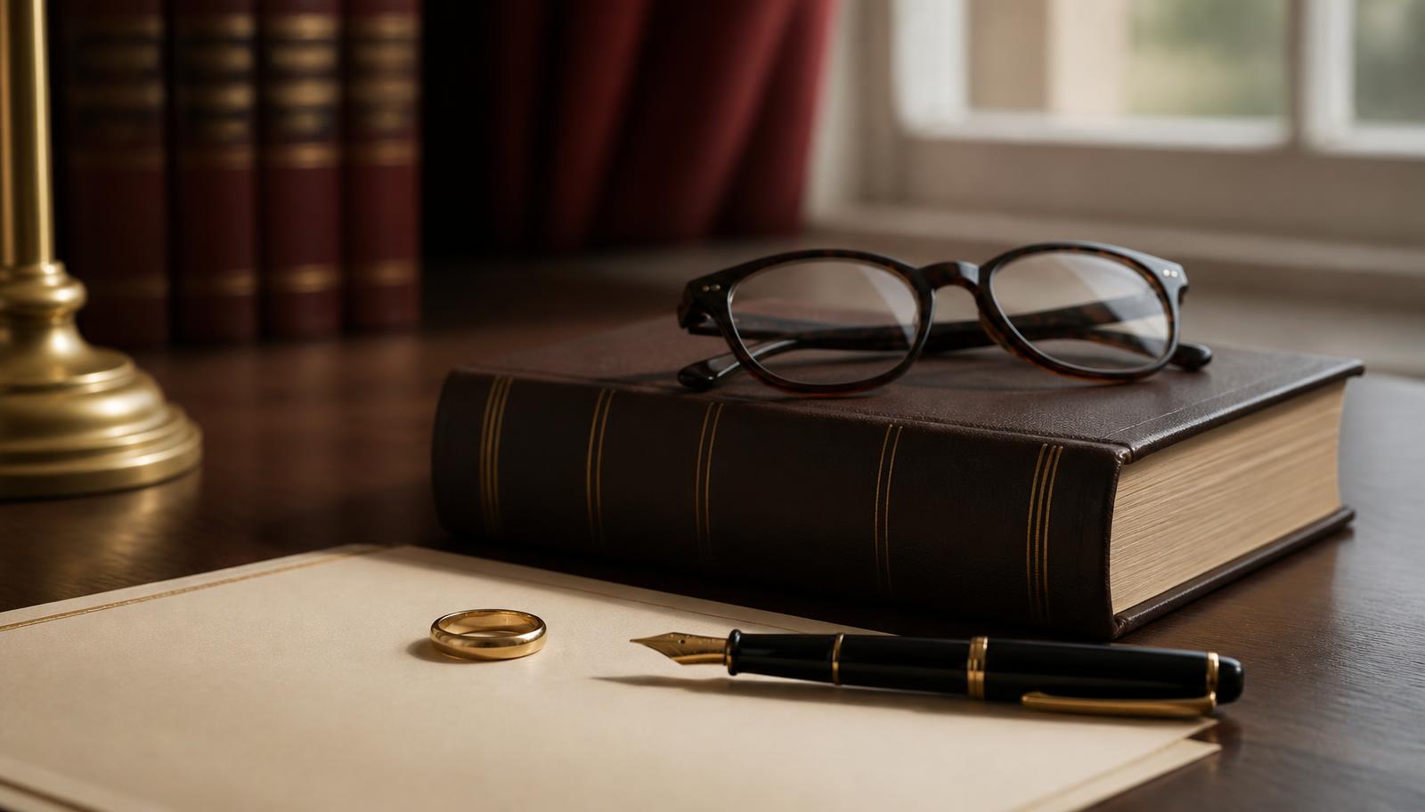 Gesetzbuch mit Lesebrille, goldenem Ring und Füller auf einem Schreibtisch als Sinnbild für die §§ 1297 bis 1302 BGB – KI-generiertes Symbolbild