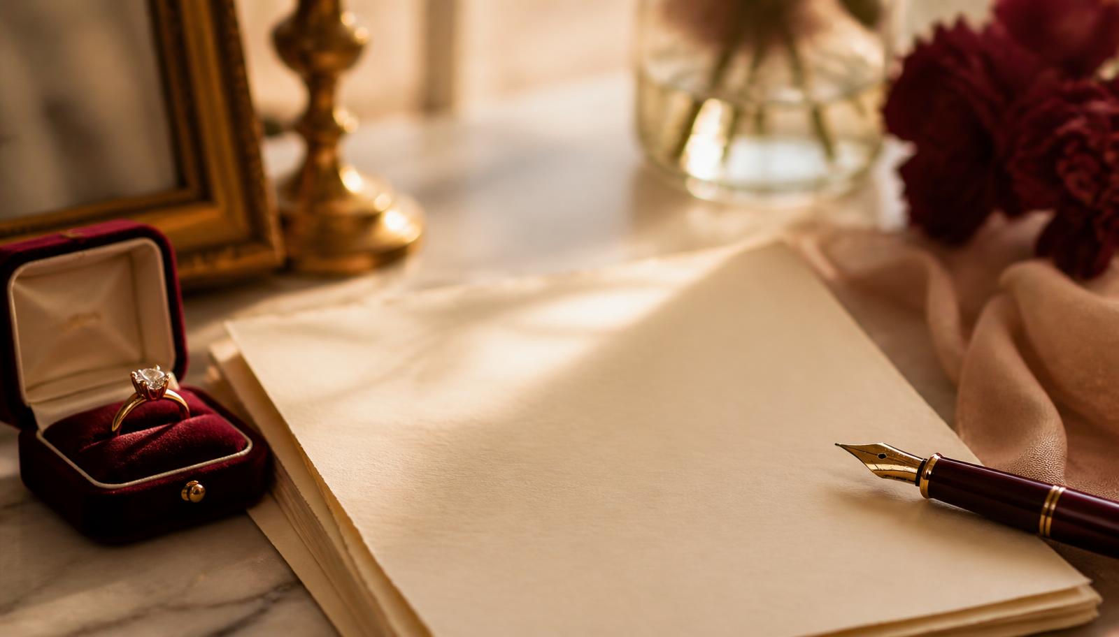 Blankes Briefpapier mit Füller und geöffneter Ringschatulle als Sinnbild für einen handschriftlichen Antragstext – KI-generiertes Symbolbild
