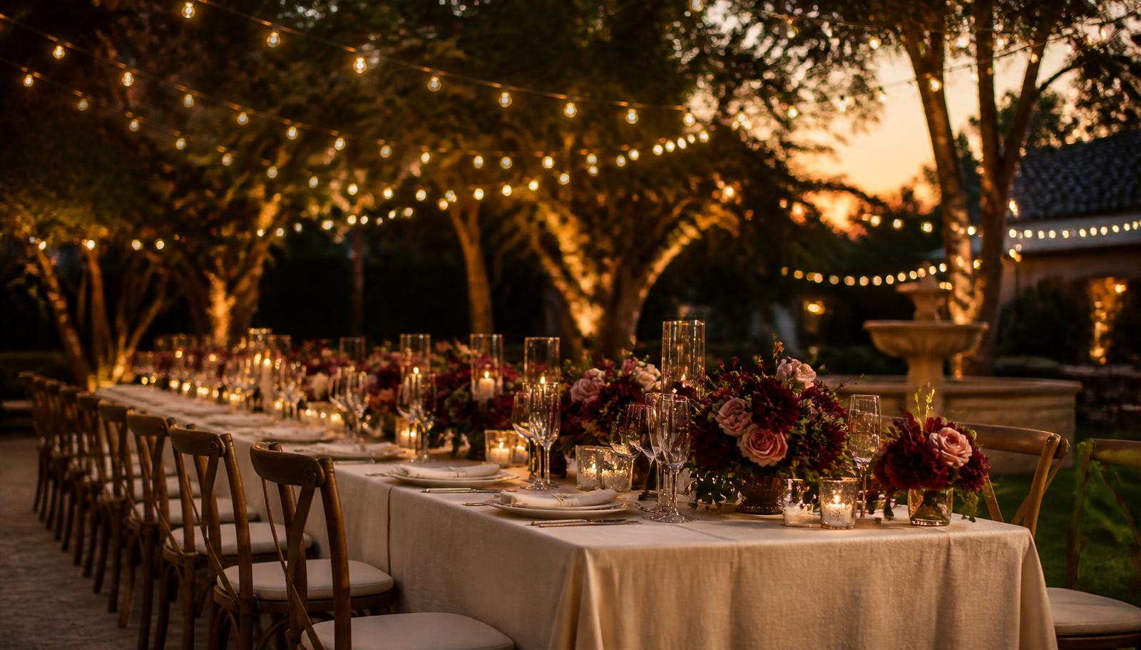 Festlich gedeckte lange Tafel im Garten mit Lichterketten, Kerzen und Blumen in der Abenddämmerung – KI-generiertes Symbolbild